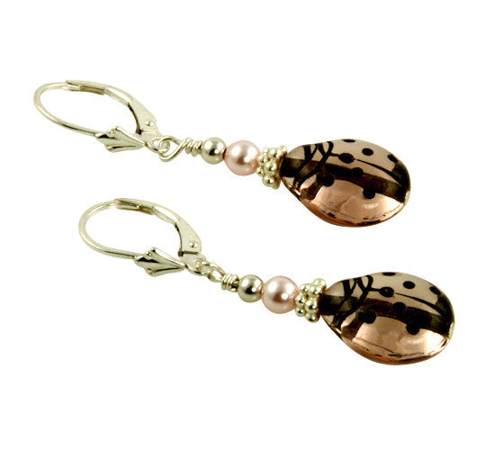 Pearl Pink Mauve Ladybug Beaded Earrings - SWCreations
