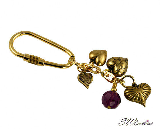 Amethyst Crystal Gold Heart Charm Beaded Keychain - SWCreations
