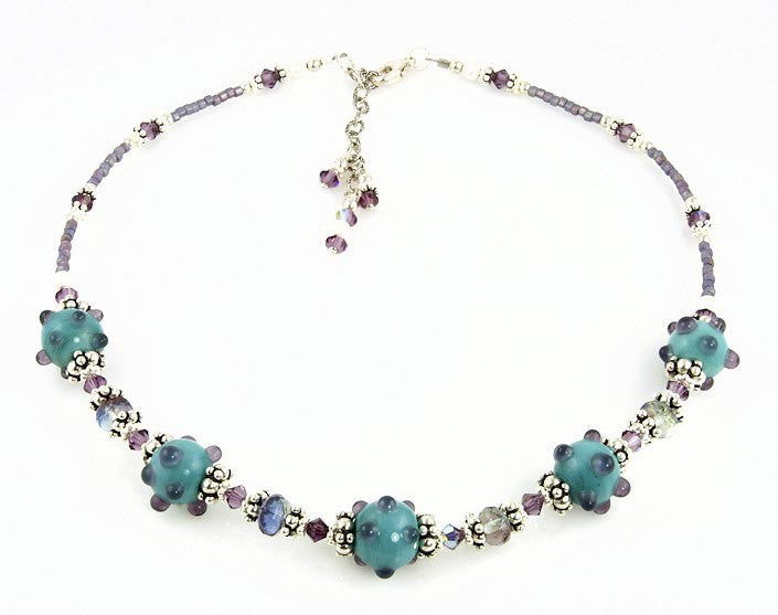 Aqua Violet Crystal Bali Beaded Necklace - SWCreations

