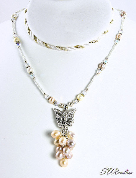 Pearl Butterfly Silver Crystal Necklace - SWCreations
