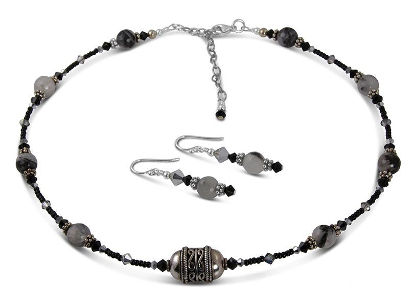 Jet Black Quartz Bead Necklace Set - SWCreations
 - 2