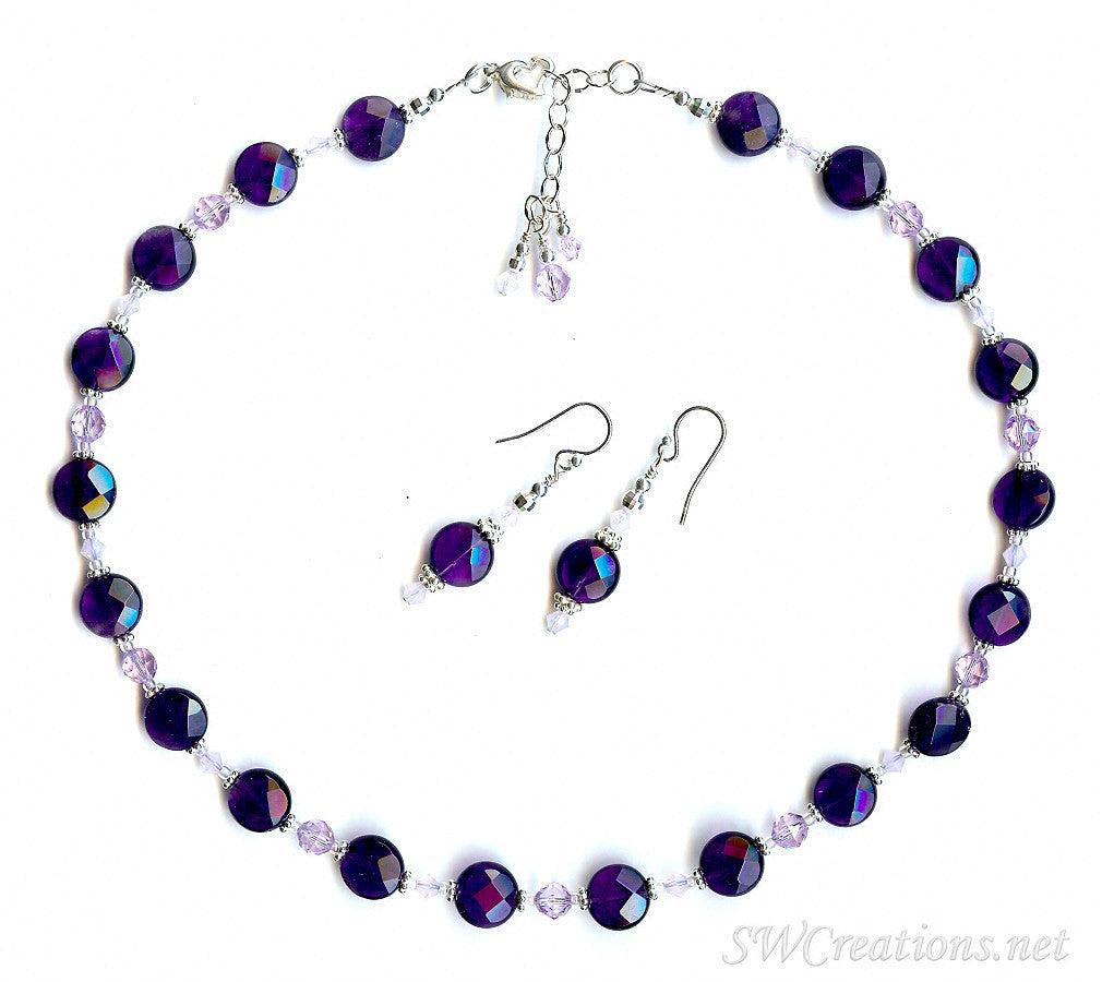 Plum Amethyst Girls Crystal & Pearl Necklace & Bracelet Set