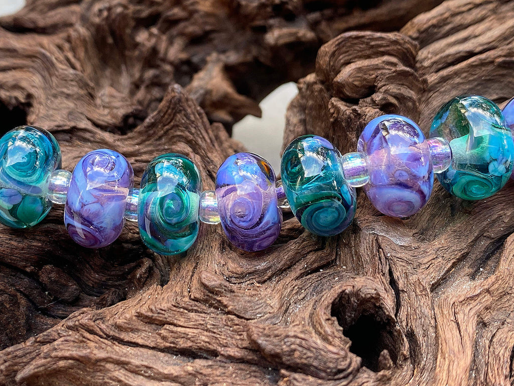 purple green lampwork beads