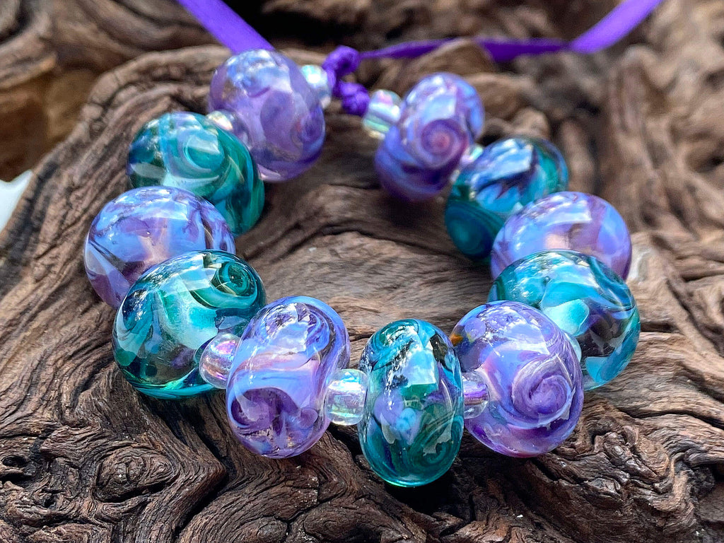 purple green lampwork beads