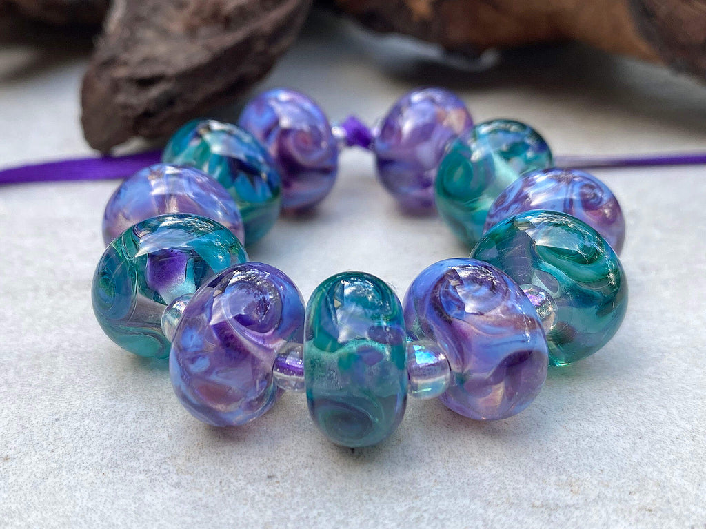 purple green lampwork beads