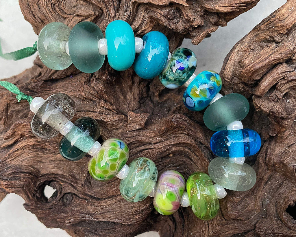 blue green lampwork beads