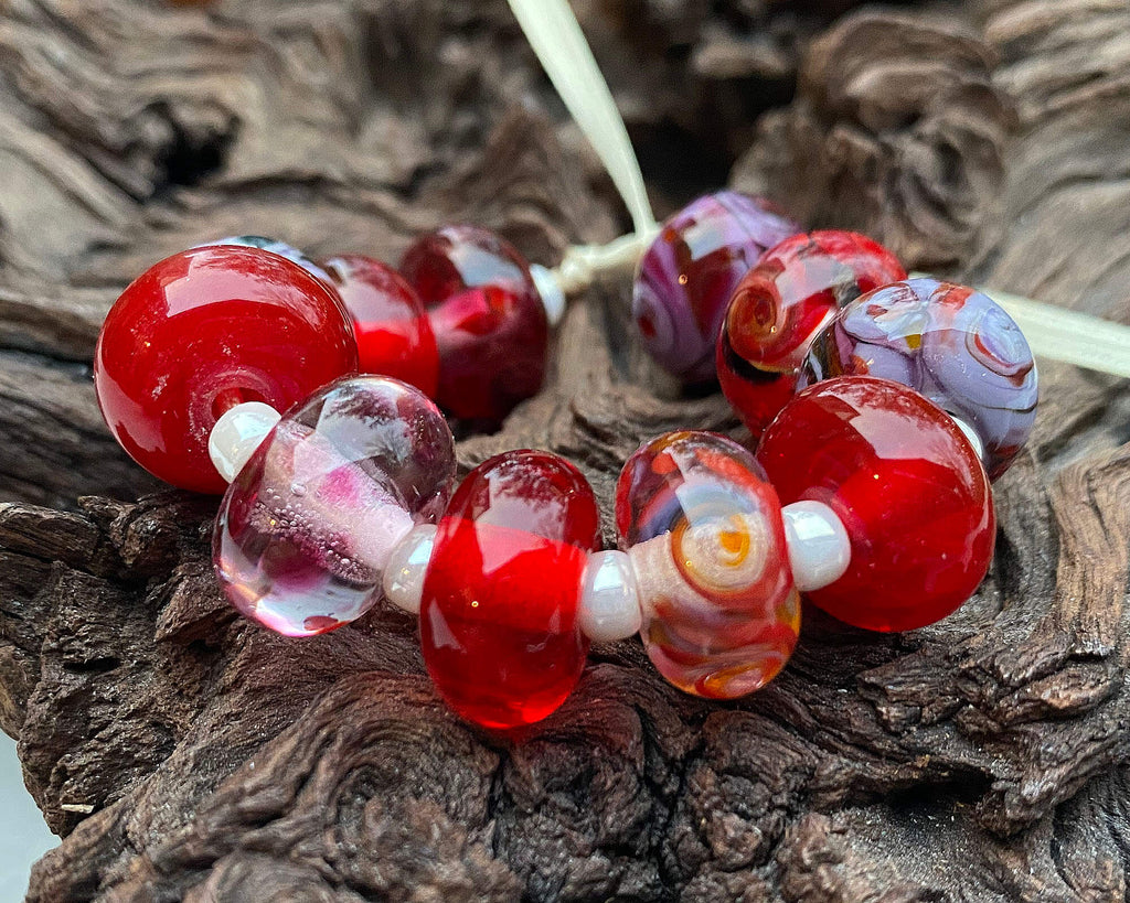 red lampwork bead set