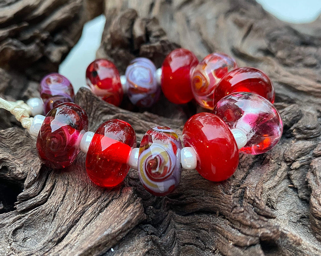 red lampwork bead set