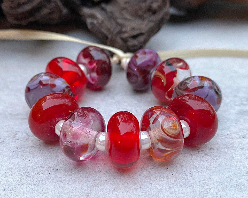 red lampwork bead set