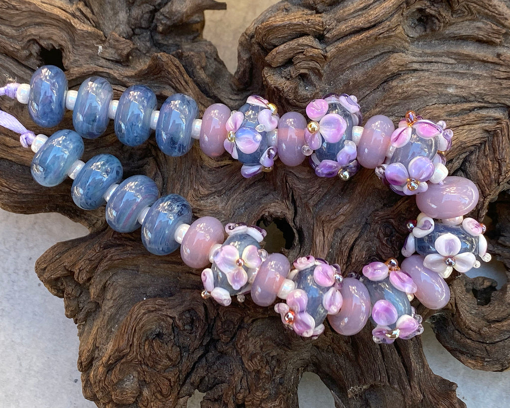 blue purple lampwork floral beads