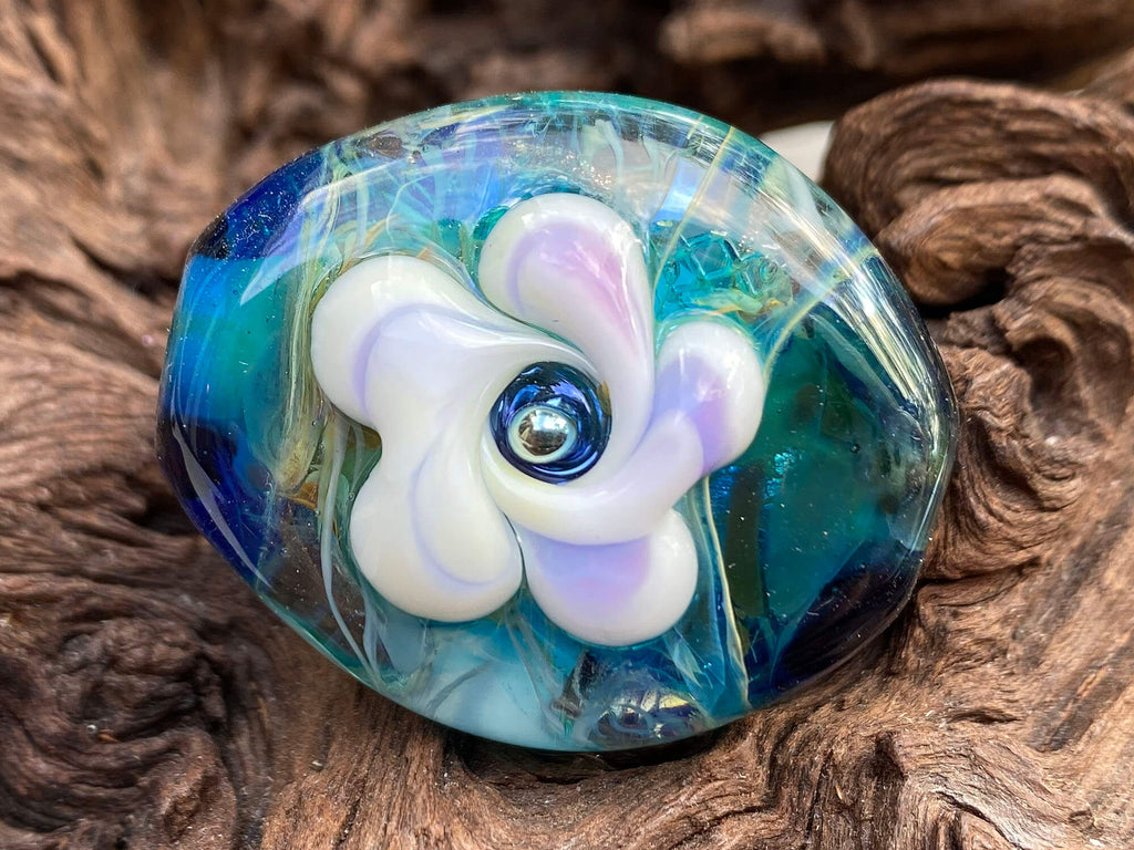 blue floral lampwork bead