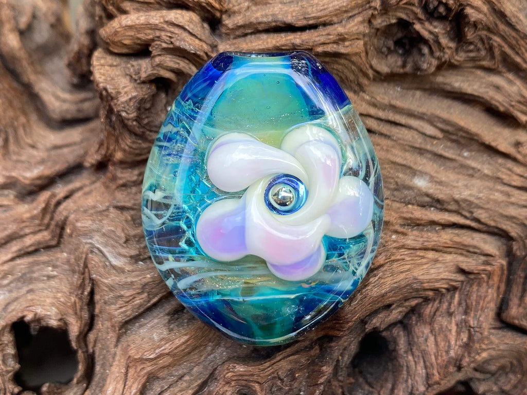 blue floral lampwork bead