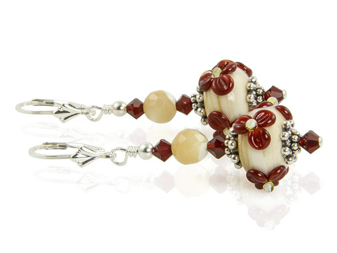 Crimson Ivory Floral Lampwork Earrings - SWCreations
