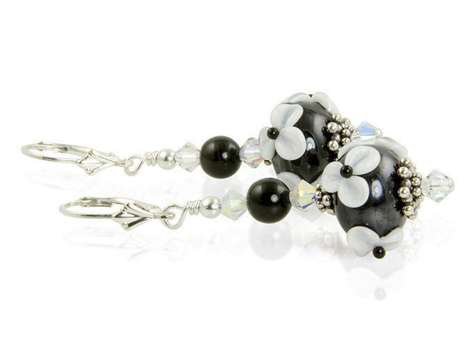 Black White Floral Lampwork Earrings - SWCreations
