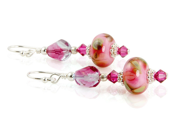Fuchsia Pink Floral Lampwork Earrings - SWCreations

