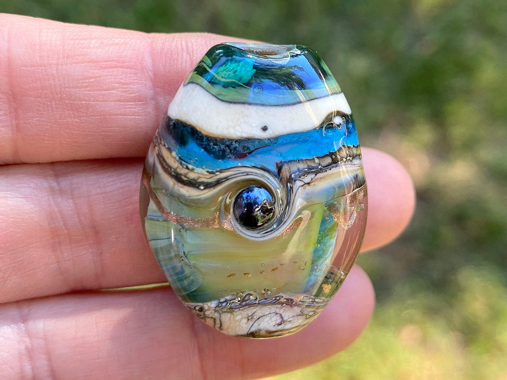 blue green lampwork focal  bead