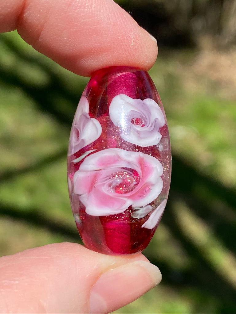 pink floral lampwork focal bead